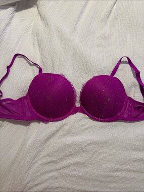 Victoria's Secret Hot Magenta Lace Push-Up Bra with Gold Sparkle Like New